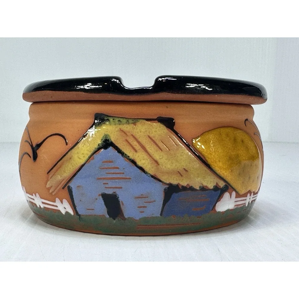 Vintage Terracotta Round 2 Part Ashtray Hand Painted Removable Top